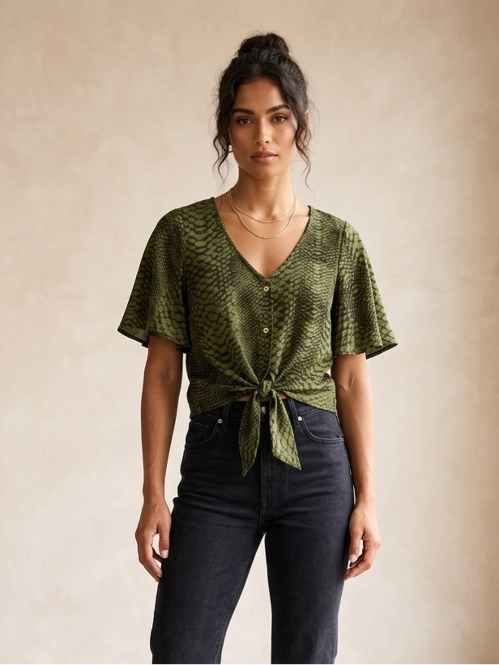 AKIRA Olive Snake-Print Tie-Front Blouse
